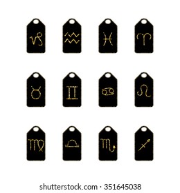 Golden zodiac tags. Vector signs.