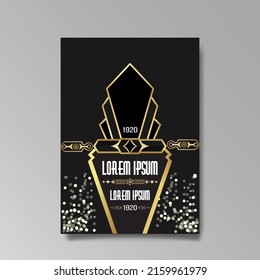 Golden-black A4 page template, menu, flyer, card, invitation, geometric city. Art Deco Art Nuevo style beautiful background. Antique style design.