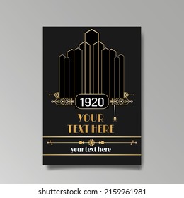 Golden-black A4 page template, menu, flyer, card, invitation, geometric city. Art Deco Art Nuevo style beautiful background. Antique style design.