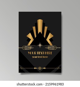 Golden-black A4 page template, menu, flyer, card, invitation, geometric city. Art Deco Art Nuevo style beautiful background. Antique style design.