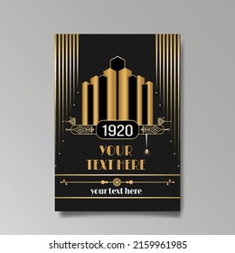 Golden-black A4 page template, menu, flyer, card, invitation, geometric city. Art Deco Art Nuevo style beautiful background. Antique style design.