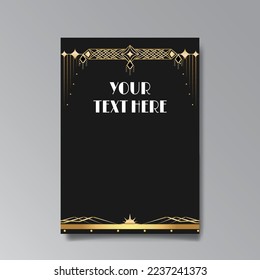 Golden-black A4 page template, menu, flyer, card, invitation, geometric city. Art Deco Art Nuevo style beautiful background. Antique style design.