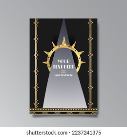 Golden-black A4 page template, menu, flyer, card, invitation, geometric city. Art Deco Art Nuevo style beautiful background. Antique style design.