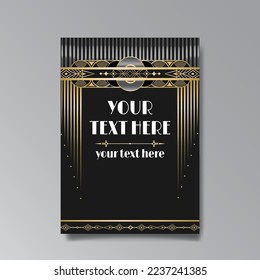 Golden-black A4 page template, menu, flyer, card, invitation, geometric city. Art Deco Art Nuevo style beautiful background. Antique style design.