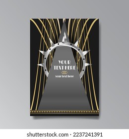 Golden-black A4 page template, menu, flyer, card, invitation, geometric city. Art Deco Art Nuevo style beautiful background. Antique style design.