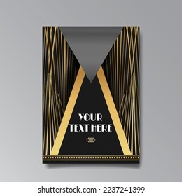 Golden-black A4 page template, menu, flyer, card, invitation, geometric city. Art Deco Art Nuevo style beautiful background. Antique style design.