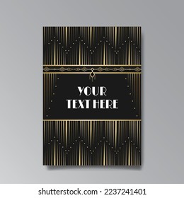 Golden-black A4 page template, menu, flyer, card, invitation, geometric city. Art Deco Art Nuevo style beautiful background. Antique style design.