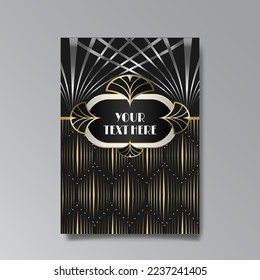 Golden-black A4 page template, menu, flyer, card, invitation, geometric city. Art Deco Art Nuevo style beautiful background. Antique style design.