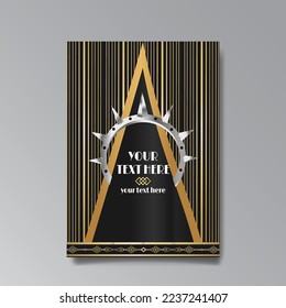 Golden-black A4 page template, menu, flyer, card, invitation, geometric city. Art Deco Art Nuevo style beautiful background. Antique style design.