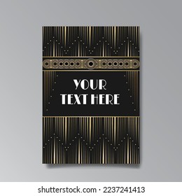 Golden-black A4 page template, menu, flyer, card, invitation, geometric city. Art Deco Art Nuevo style beautiful background. Antique style design.