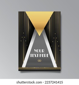 Golden-black A4 page template, menu, flyer, card, invitation, geometric city. Art Deco Art Nuevo style beautiful background. Antique style design.