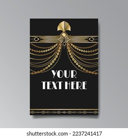 Golden-black A4 page template, menu, flyer, card, invitation, geometric city. Art Deco Art Nuevo style beautiful background. Antique style design.