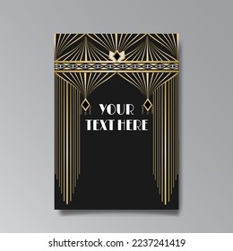 Golden-black A4 page template, menu, flyer, card, invitation, geometric city. Art Deco Art Nuevo style beautiful background. Antique style design.