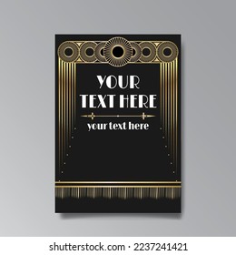 Golden-black A4 page template, menu, flyer, card, invitation, geometric city. Art Deco Art Nuevo style beautiful background. Antique style design.