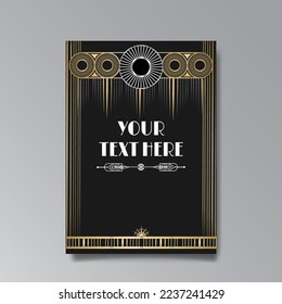 Golden-black A4 page template, menu, flyer, card, invitation, geometric city. Art Deco Art Nuevo style beautiful background. Antique style design.