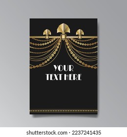 Golden-black A4 page template, menu, flyer, card, invitation, geometric city. Art Deco Art Nuevo style beautiful background. Antique style design.