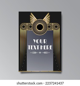 Golden-black A4 page template, menu, flyer, card, invitation, geometric city. Art Deco Art Nuevo style beautiful background. Antique style design.