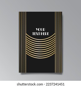 Golden-black A4 page template, menu, flyer, card, invitation, geometric city. Art Deco Art Nuevo style beautiful background. Antique style design.