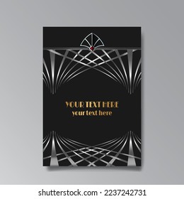 Golden-black A4 page template, menu, flyer, card, invitation, geometric city. Art Deco Art Nuevo style beautiful background. Antique style design.