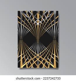 Golden-black A4 page template, menu, flyer, card, invitation, geometric city. Art Deco Art Nuevo style beautiful background. Antique style design.