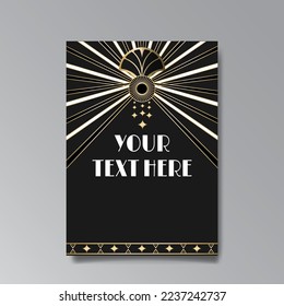 Golden-black A4 page template, menu, flyer, card, invitation, geometric city. Art Deco Art Nuevo style beautiful background. Antique style design.