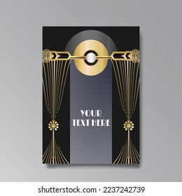 Golden-black A4 page template, menu, flyer, card, invitation, geometric city. Art Deco Art Nuevo style beautiful background. Antique style design.