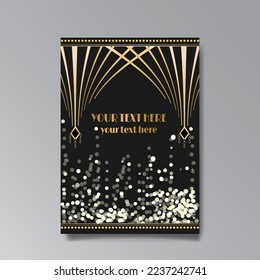 Golden-black A4 page template, menu, flyer, card, invitation, geometric city. Art Deco Art Nuevo style beautiful background. Antique style design.