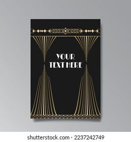 Golden-black A4 page template, menu, flyer, card, invitation, geometric city. Art Deco Art Nuevo style beautiful background. Antique style design.