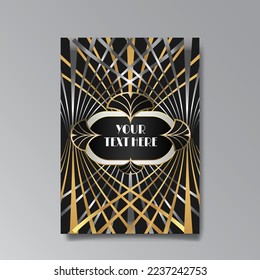 Golden-black A4 page template, menu, flyer, card, invitation, geometric city. Art Deco Art Nuevo style beautiful background. Antique style design.