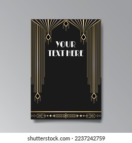 Golden-black A4 page template, menu, flyer, card, invitation, geometric city. Art Deco Art Nuevo style beautiful background. Antique style design.