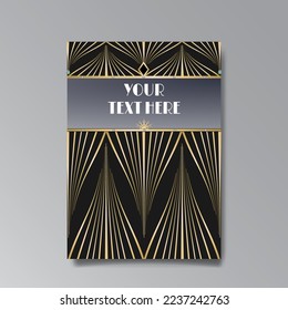 Golden-black A4 page template, menu, flyer, card, invitation, geometric city. Art Deco Art Nuevo style beautiful background. Antique style design.