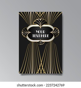 Golden-black A4 page template, menu, flyer, card, invitation, geometric city. Art Deco Art Nuevo style beautiful background. Antique style design.