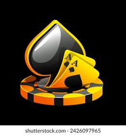 Golden-black icon for the casino. Vector Illustration Poker Cards, spade symbol, and Chip Games