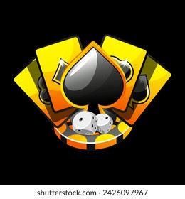 Golden-black icon for the casino. Vector Illustration Poker Cards, dice, and spade symbol