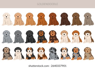 Goldendoodle clipart. Golden retriever Poodle mix. Different coat colors set.  Vector illustration