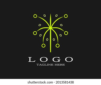 La palmera verde dorado o el cocotero. Logotipo natural adecuado para una empresa, jardín, aceite de oliva, hotel o viaje.
