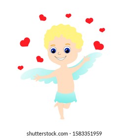 A golden-haired curly Cupid with wings throws up a lot of red hearts. Cartoon flat style character. Valentine's day stock vector illustration isolated on white background.