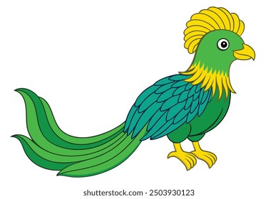 Ilustración vectorial de pájaro Quetzal de cabeza dorada con Clipart de plumaje verde y azul