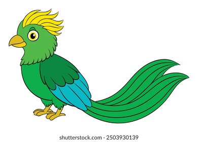 Ilustración vectorial de pájaro Quetzal de cabeza dorada con Clipart de plumaje verde y azul