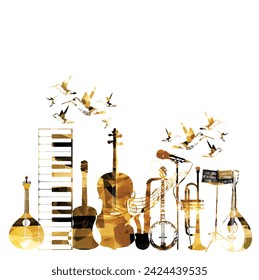 Goldenl music instruments background with hummingbirds.