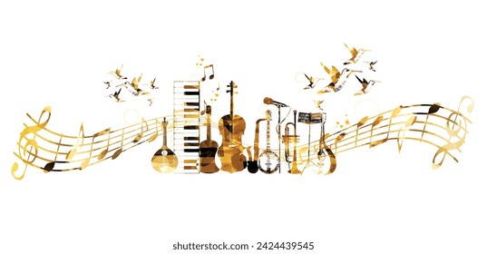  Goldenl music instruments background with hummingbirds.