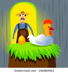 Golden-laying Chicken and Farmer Fairy Tale Vectoral Illustration. Vectoral Illustration for Children Books, magazines, Web Pages and Blogs.