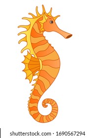 Golden-orange cute Seahorse in cartoon style - ocean dweller - vector full color picture. Fish seahorse is an underwater life.