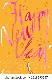 Golden-orange New Year poster with calligraphic slogan, hot pink line texture, stylised firework splashes and white outline numbers 2020