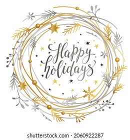 Golden-silver Happy Holidays wreath with lettering inscription.. Element for your design. Christmas frame. Vector illustration.