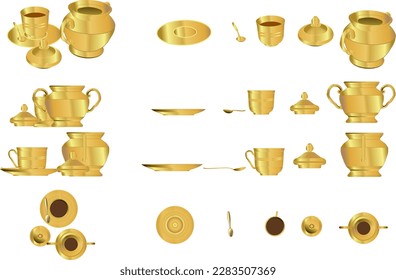 Juego de té dorado de diferentes ángulos