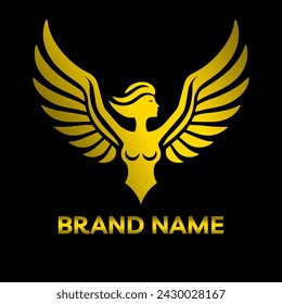 Golden-winged woman logo. Elegant and modern logo. Vector Logo. Eps10