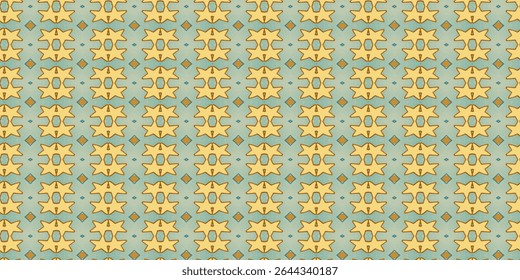 Golden-yellow tribal pattern with a soft green base, a retro and decorative seamless textile design. Tribal, yellow, seamless, decorative, retro.
