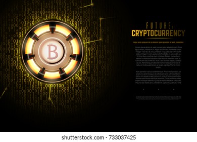 Golder bitcoin virtual currency technological background. Neon glowing sign and binary code