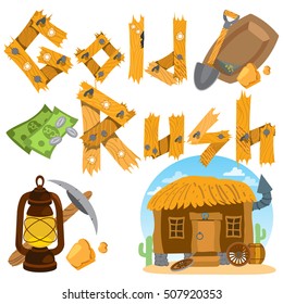 Goldfield. Wild west illustrations. Shack, prospector tools, money.